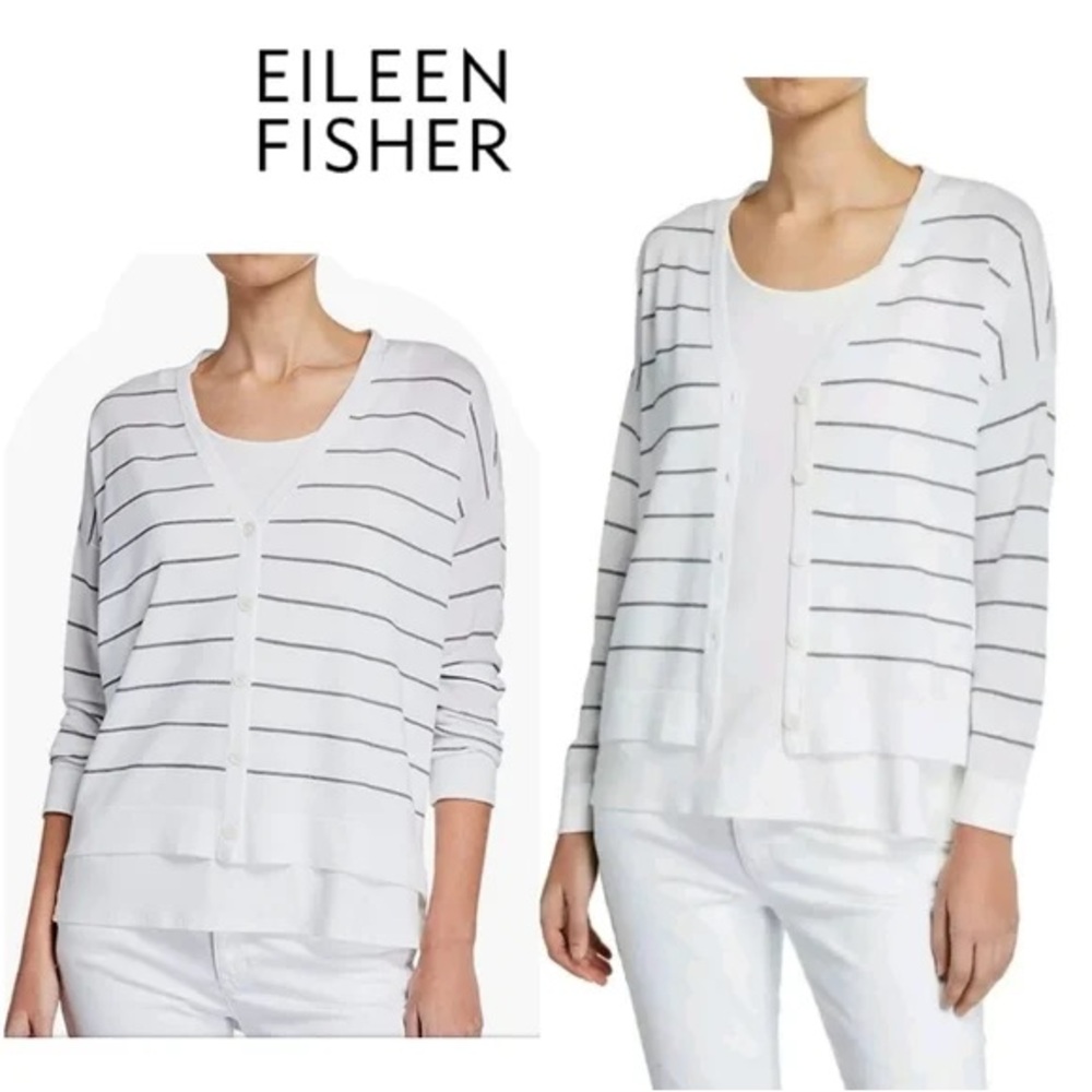 EILLEN FISHER striped long sleeve V neck tencel cardigan Euc 3X